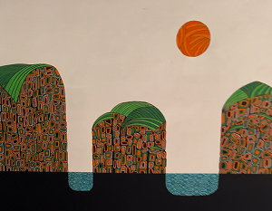 Three Green Headlands, Orange Sun by Ted Scott
